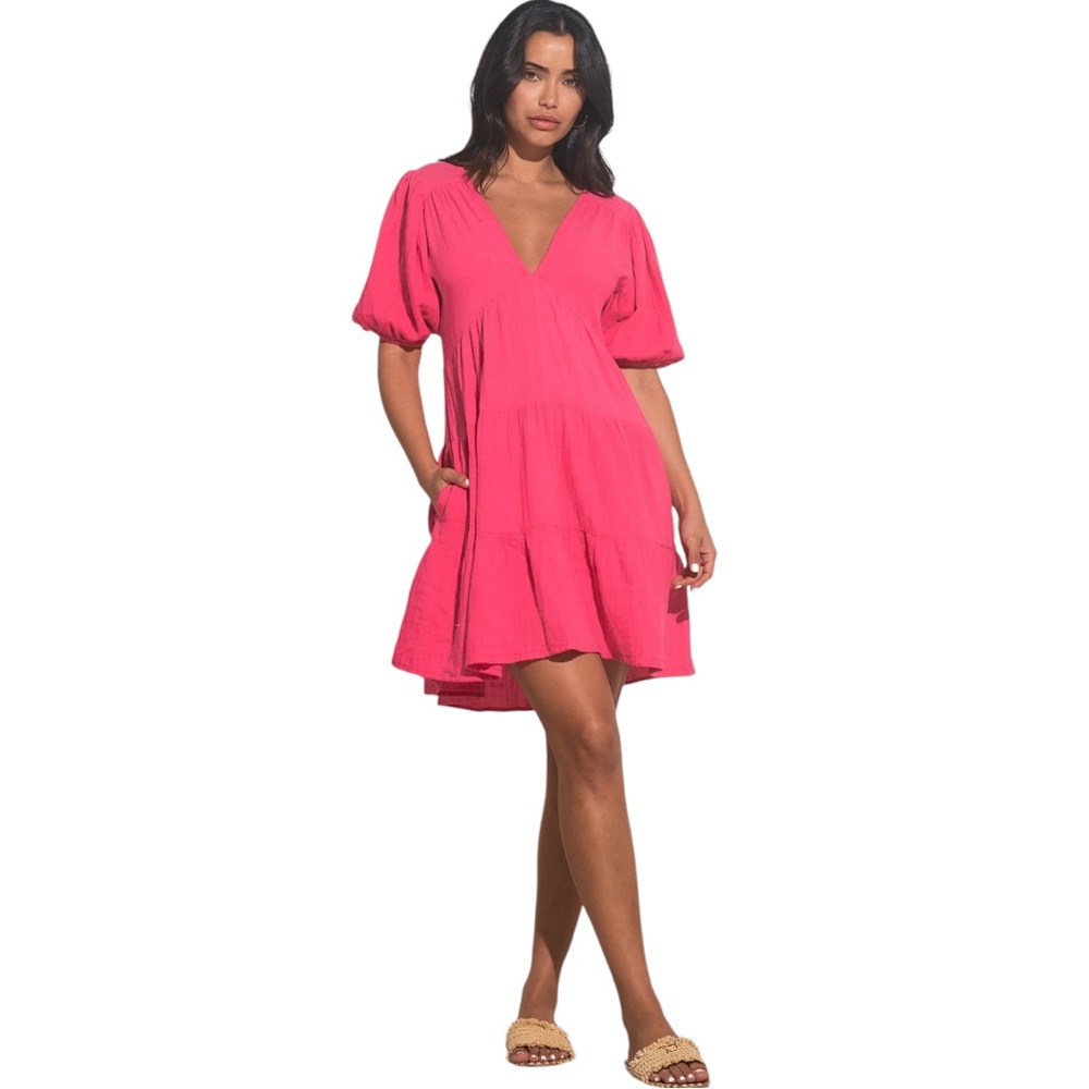 ELAN Pink Puff Sleeve Tiered Tie-Back Dress, size small